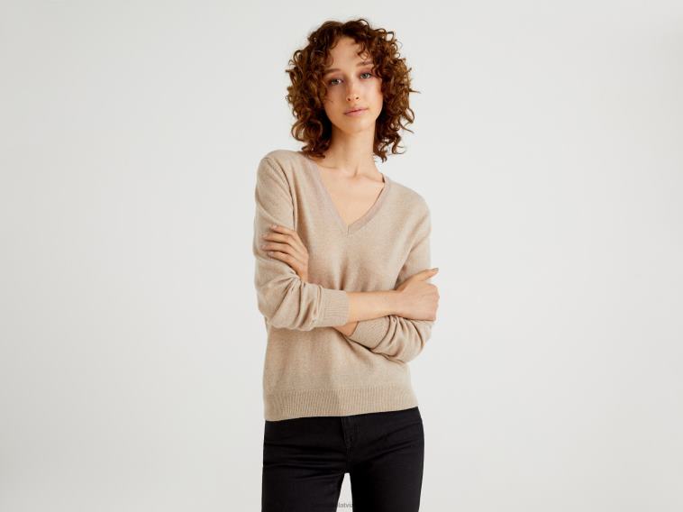 bēšs 4042V180 sievietes Benetton Bēšs džemperis ar v veida izgriezumu no tīras merino vilnas